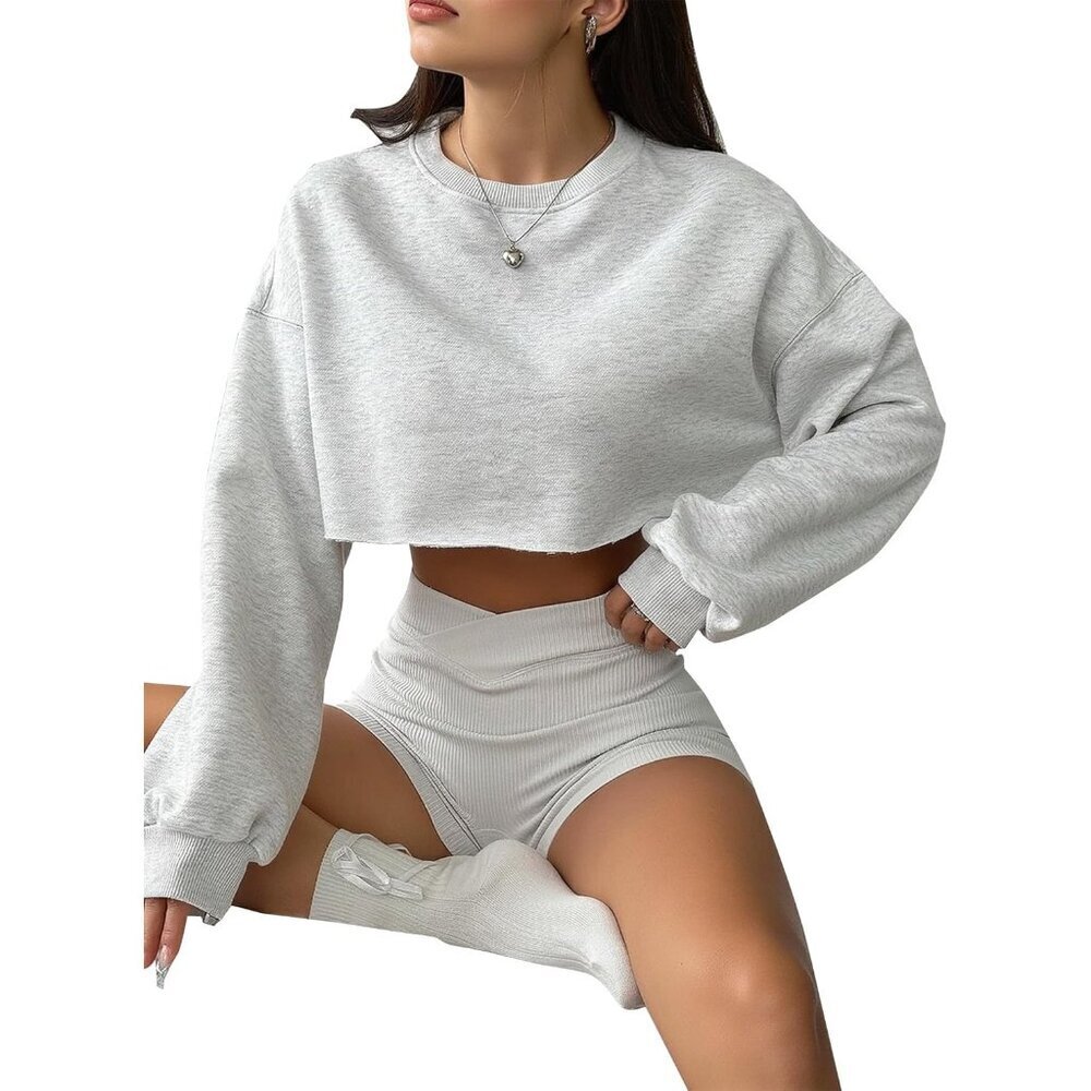 Women's Cropped Sweatshirt Fleece Small Grey Crewneck Drop Shoulder Pullover - Picture 3 of 6